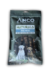 Anco Naturals Duck Necks dog treat package with two dogs on a white background
