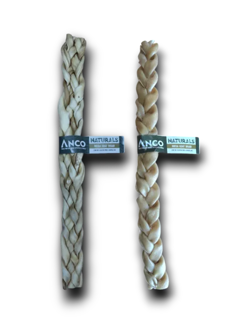 Two braided dog chews with 'Anco Naturals' labels on a white background