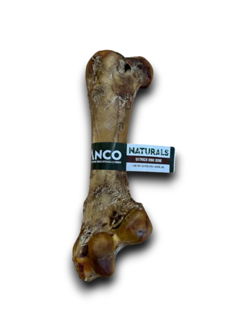 Ostrich bone with anco naturals label on a white background