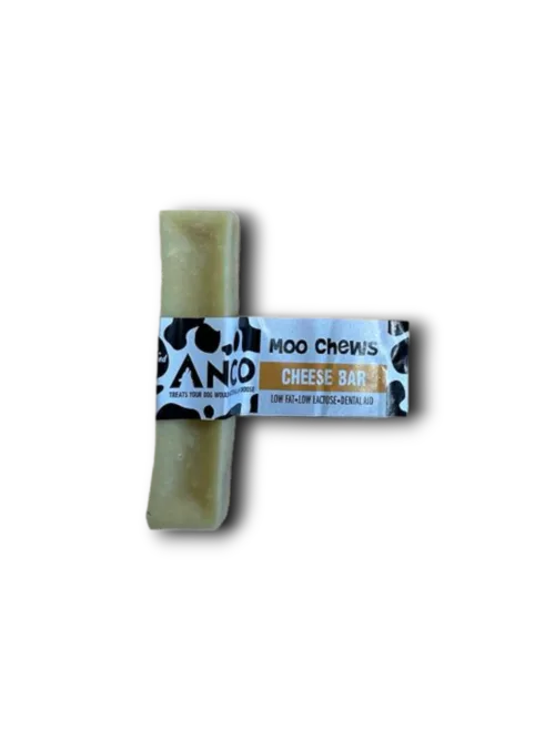 Dog chew bar with 'Moo Chews' packaging on a white background