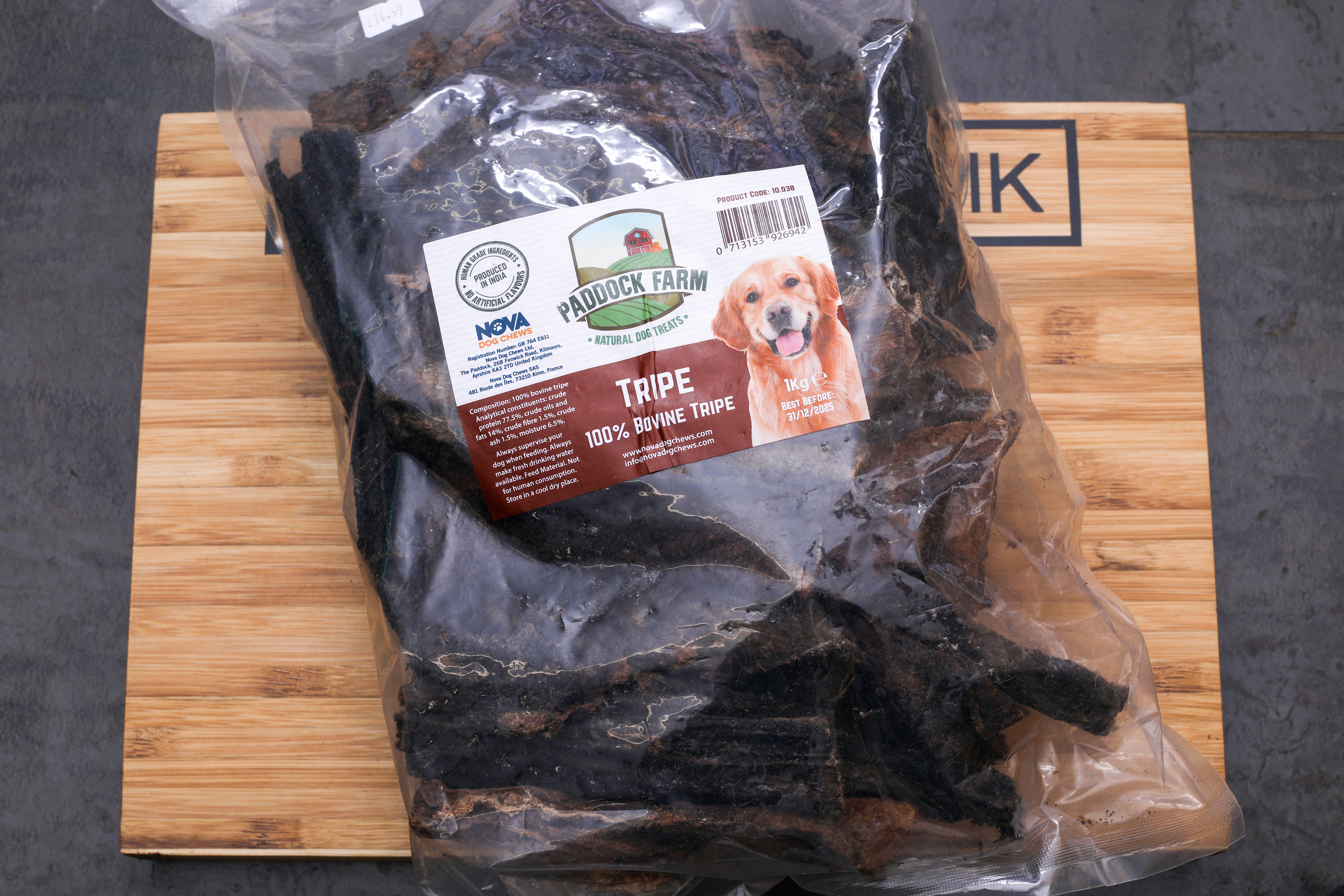 clear bag of tripe bovine on dog centre mk branded wooden board