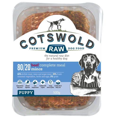 Cotswold Premium Raw dog food packaging with beef mince for puppies.