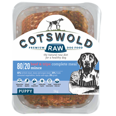 Cotswold Premium Raw dog food packaging for puppies with images of a a dog on the label.