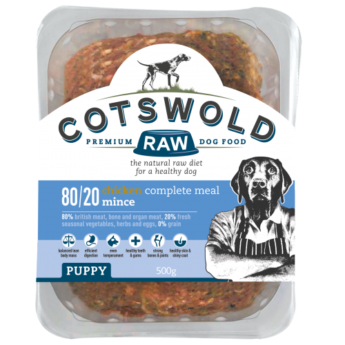 Cotswold Premium Raw dog food packaging with chicken mince for puppies.