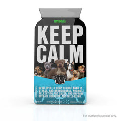 A bottle of pet supplement labeled 'KEEP CALM' with pictures of dogs on the label.