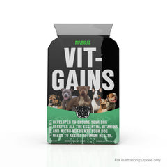 A package of 'Vit-Gains' dog supplement with multiple dogs pictured on the front.