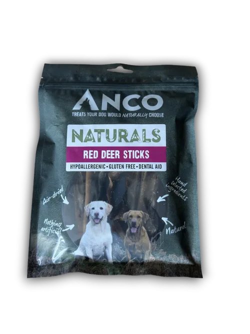 Anco Naturals Red Deer Sticks packaging for dogs on a white background