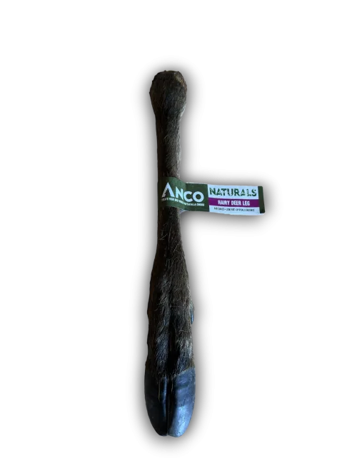 Hairy deer leg with 'Anco Naturals' label on a white background
