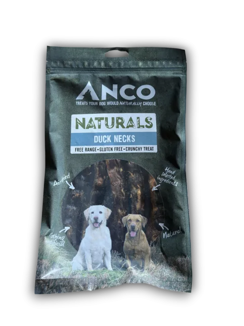 Anco Naturals Duck Necks dog treat package with two dogs on a white background
