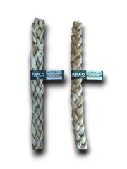 Two braided dog chews with 'Anco Naturals' labels on a white background