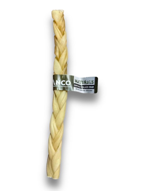 Buffalo collagen braid with anco naturals label on a white background