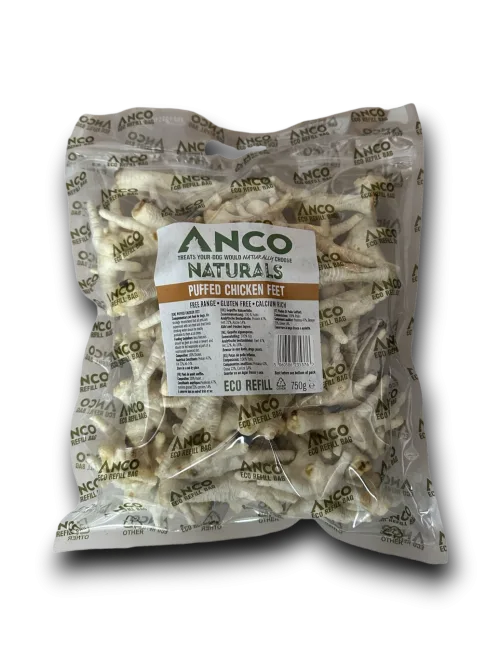 Bag of ANCO Naturals Puffed Chicken Feet on a white background
