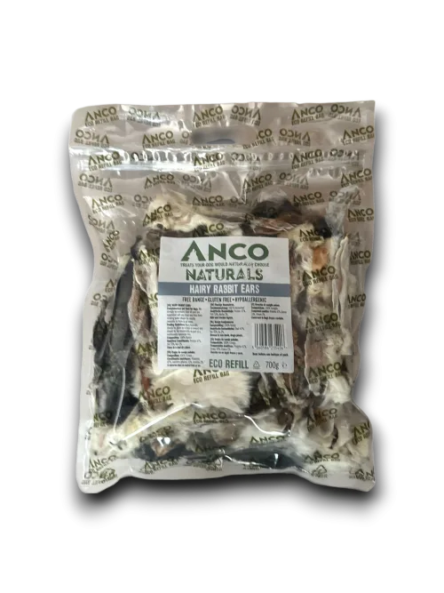 Bag of Anco Naturals hairy rabbit ears on a white background