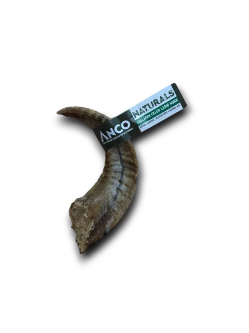 Lamb horn with Anco Naturals label on a white background