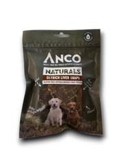 Package of Anco Naturals Ostrich Liver Snaps dog treats on a white background