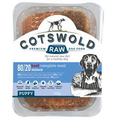 Cotswold Premium Raw dog food packaging with beef mince for puppies.