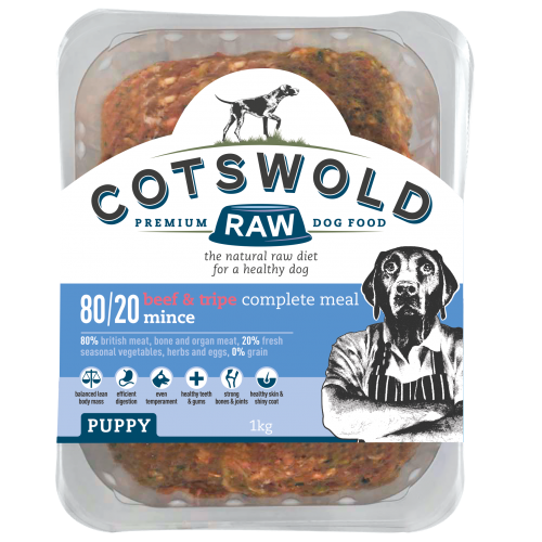 Cotswold Premium Raw dog food packaging for puppies with images of a  a dog on the label.