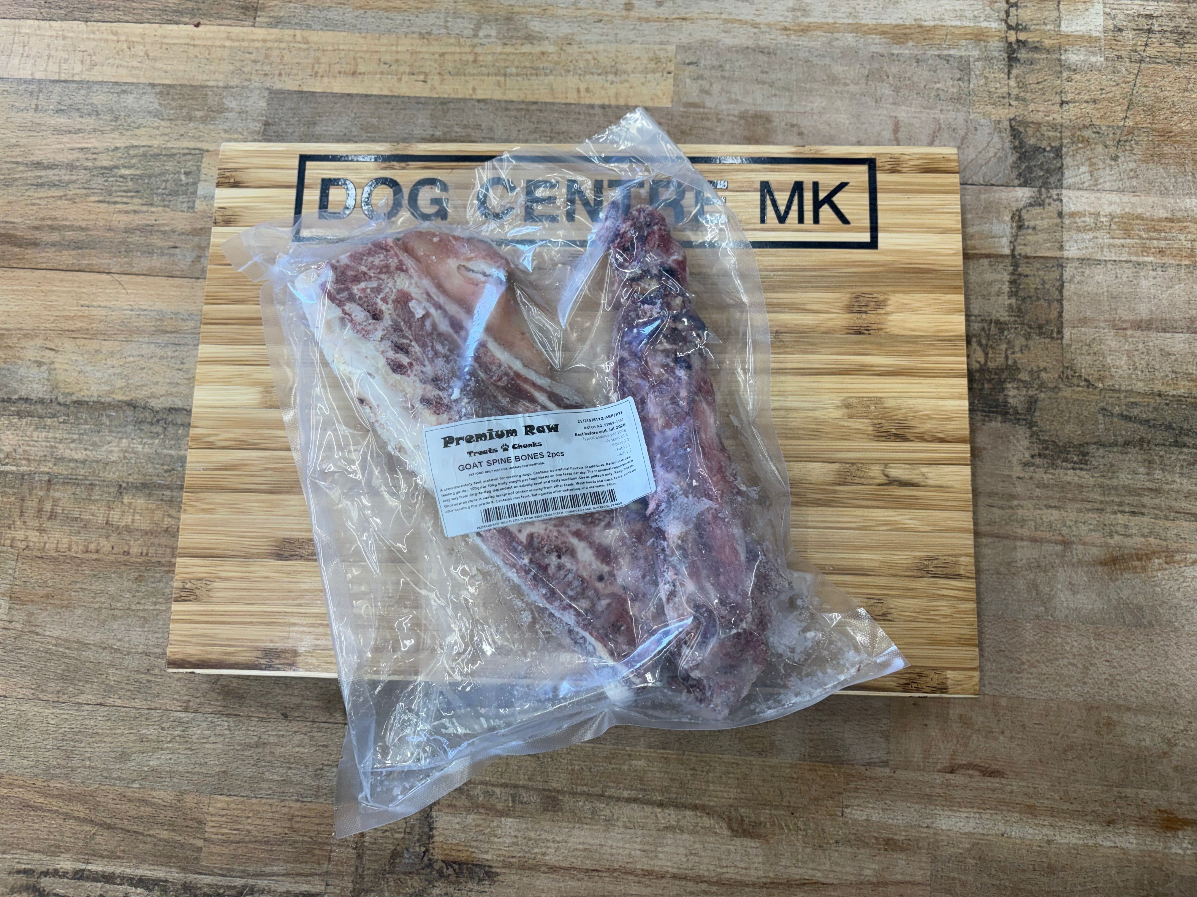 goat spine in clear bag on dog centre mk branded board