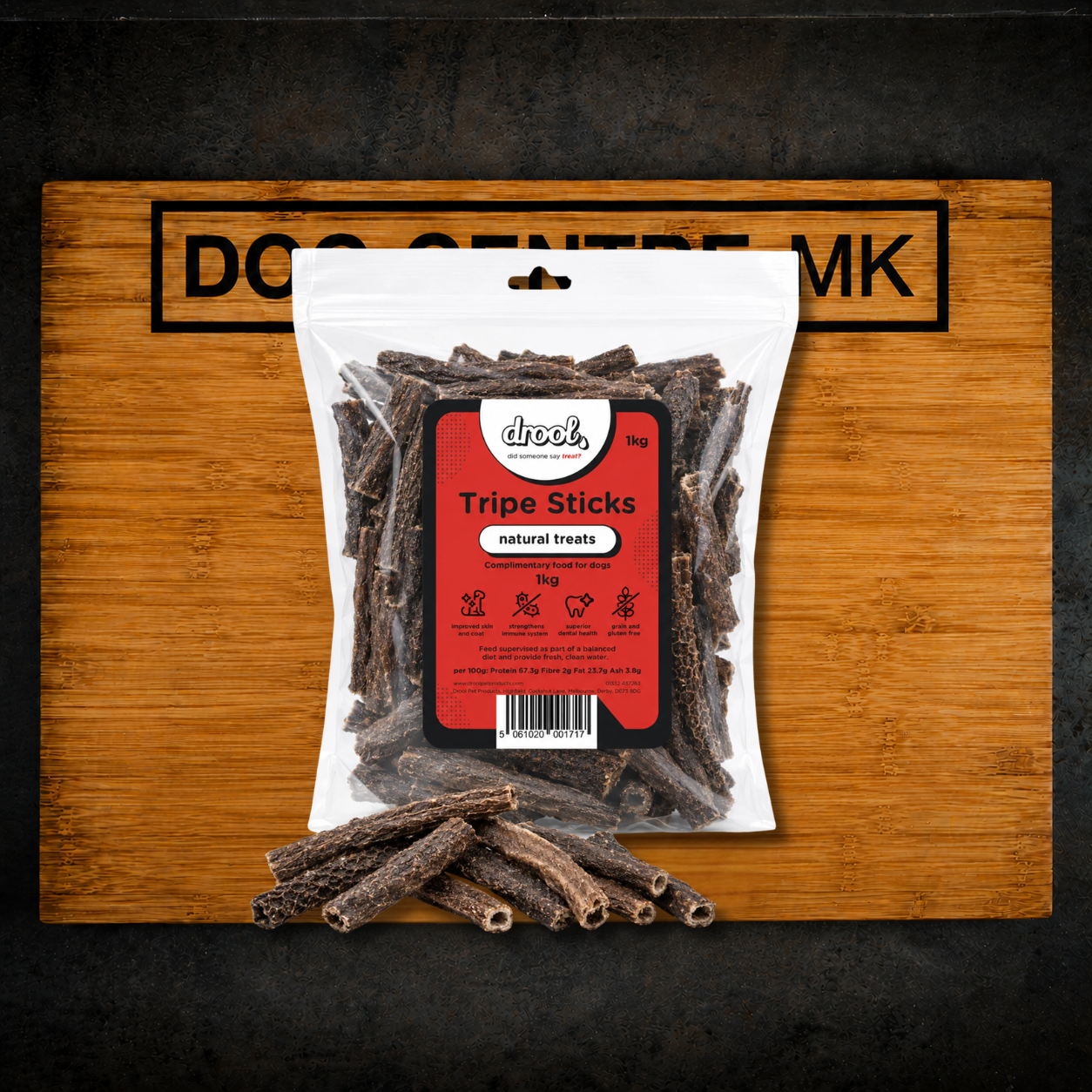 A bulk 1kg bag of Drool Beef Tripe Sticks natural dehydrated dog treats from Dog Centre MK