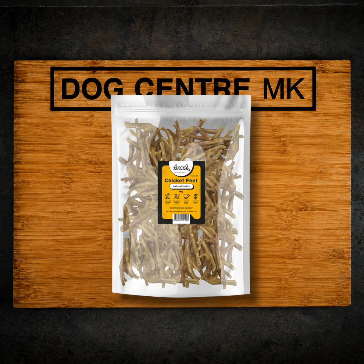 A bulk 1kg bag of Drool Natural Chicken Feet dehydrated dog treats from Dog Centre MK