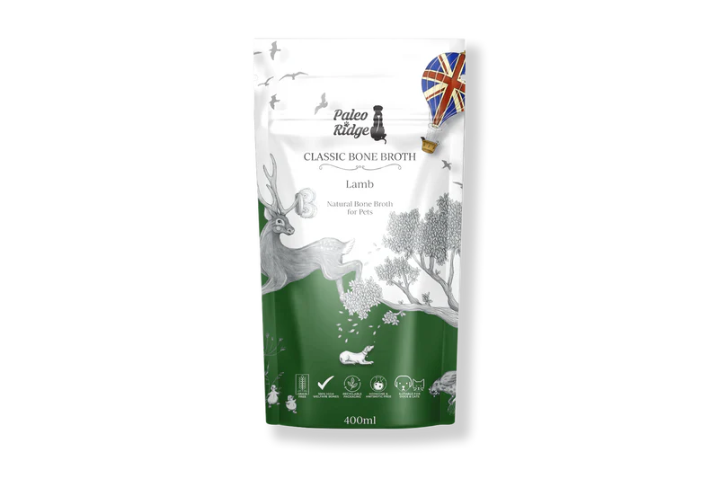 Pouch of Paleo Ridge Classic Bone Broth with branding and product details on a white background