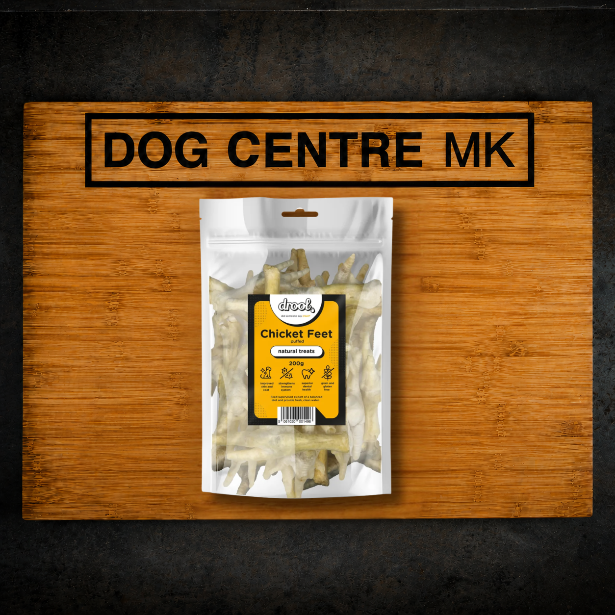 A 200g pack of Drool Chicken Puffed Feet natural dog treats from Dog Centre MK